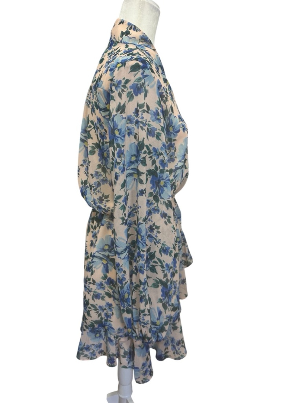 Alexa Admor Floral Mini Dress Blue Blush Elastic Waist Sheer Sleeve Womens sz 2 - Picture 5 of 13